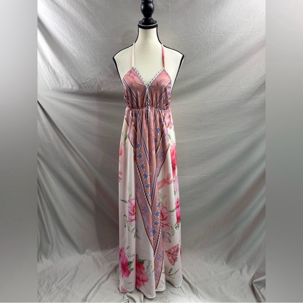 Boho Pink Floral Halter V- Neck Maxi Dress Low Back - Picture 5 of 8